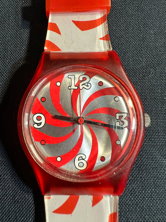 Red and white watch front view