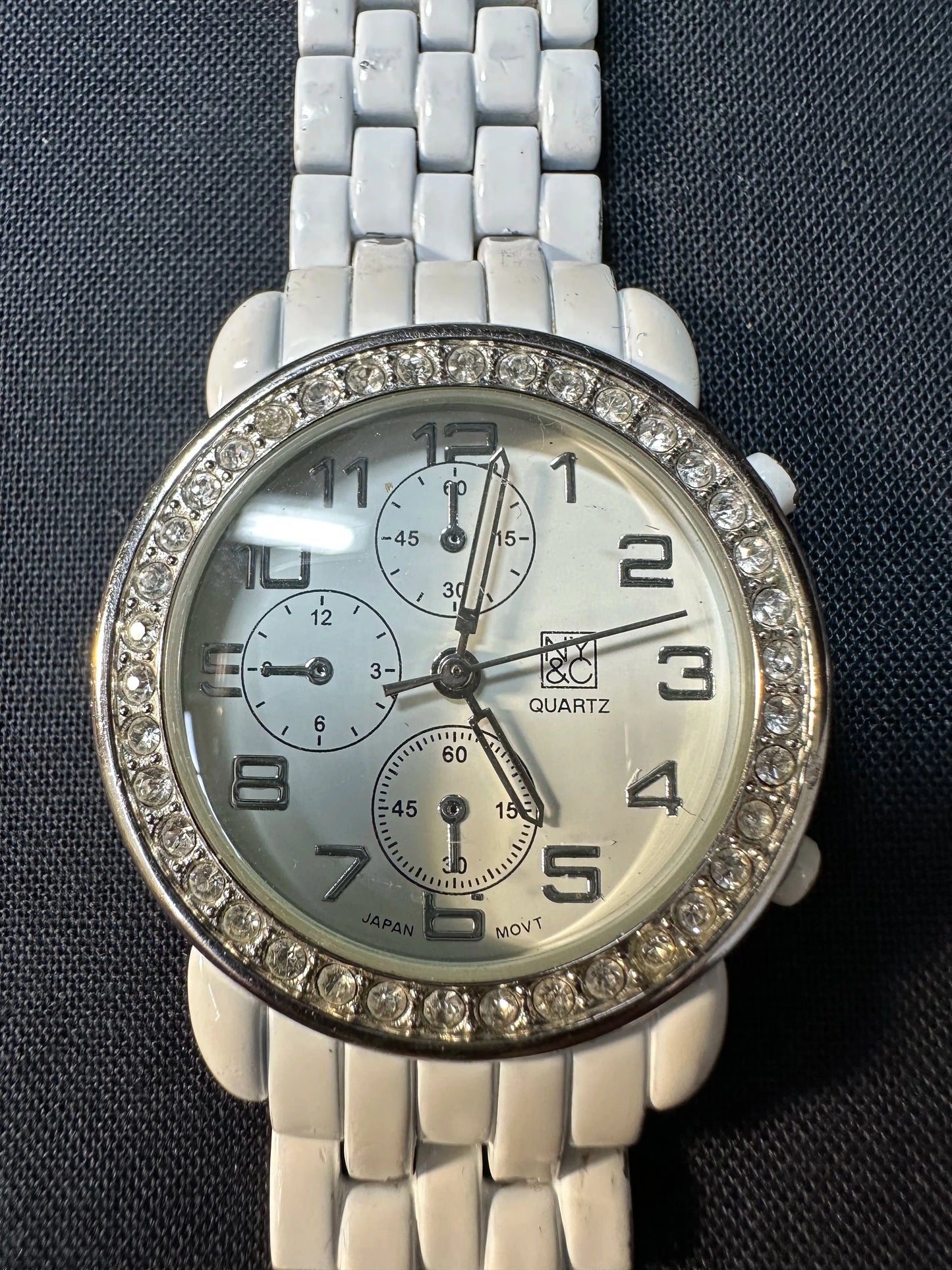 NY&C White Watch with Rhinestones around Face