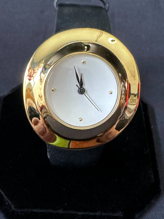 RLM Moon Crater Gold Tone Watch Robert Lee Morris Studio Black Leather Band