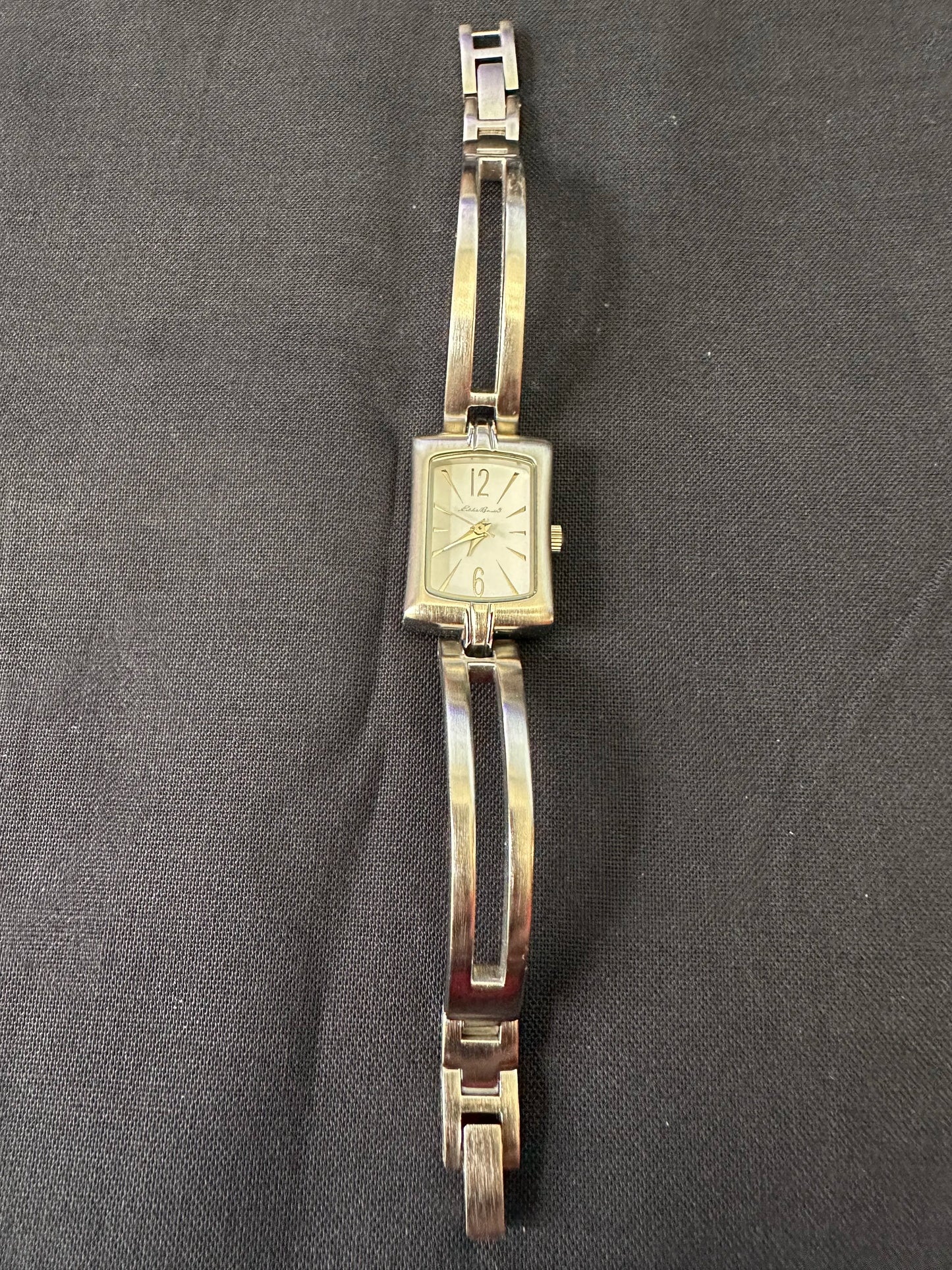 Eddie Bauer Silver Tone White Face Rectangle Cut Out Bracelet Ladies' Watch 6.5 Inch