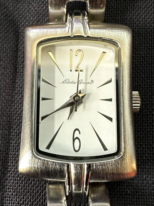 Eddie Bauer Silver Tone White Face Rectangle Cut Out Bracelet Ladies' Watch 6.5 Inch