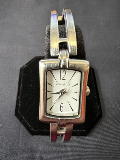 Eddie Bauer Silver Tone White Face Rectangle Cut Out Bracelet Ladies' Watch 6.5 Inch