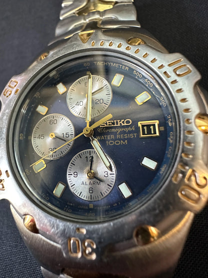 Seiko Quartz Alarm Chronograph SS Two-Tone Men's Watch 7T62-0CR0 A0