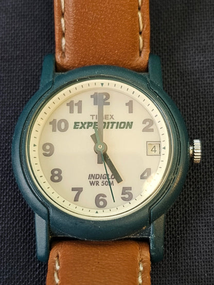 Timex Indiglo 50M Brown Leather Band Green Bezel - Ladies