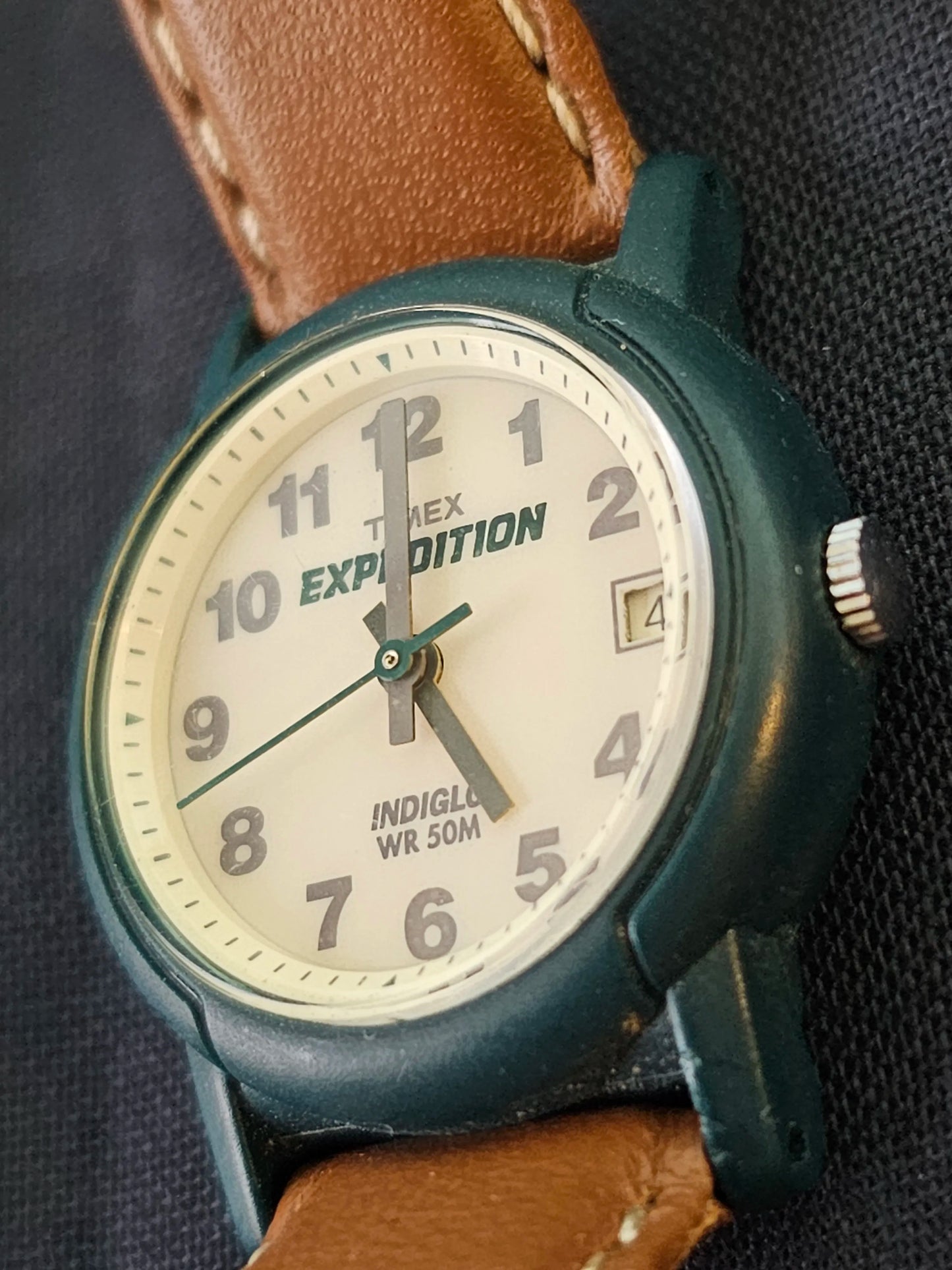 Timex Indiglo 50M Brown Leather Band Green Bezel - Ladies