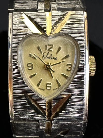 Ladies' Solina Wind Up Watch - Heavy Gold Tone - Gold Heart Shaped Face