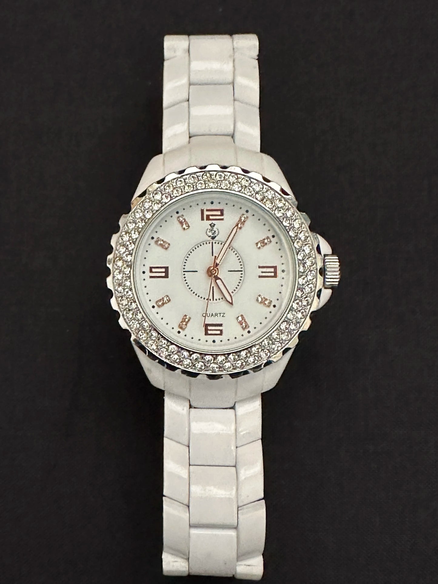 Bold White Watch with Rhinestones Front View